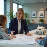 Agent immobilière professionnelle présentant des plans architecturaux à un couple lors d'une consultation dans une agence moderne