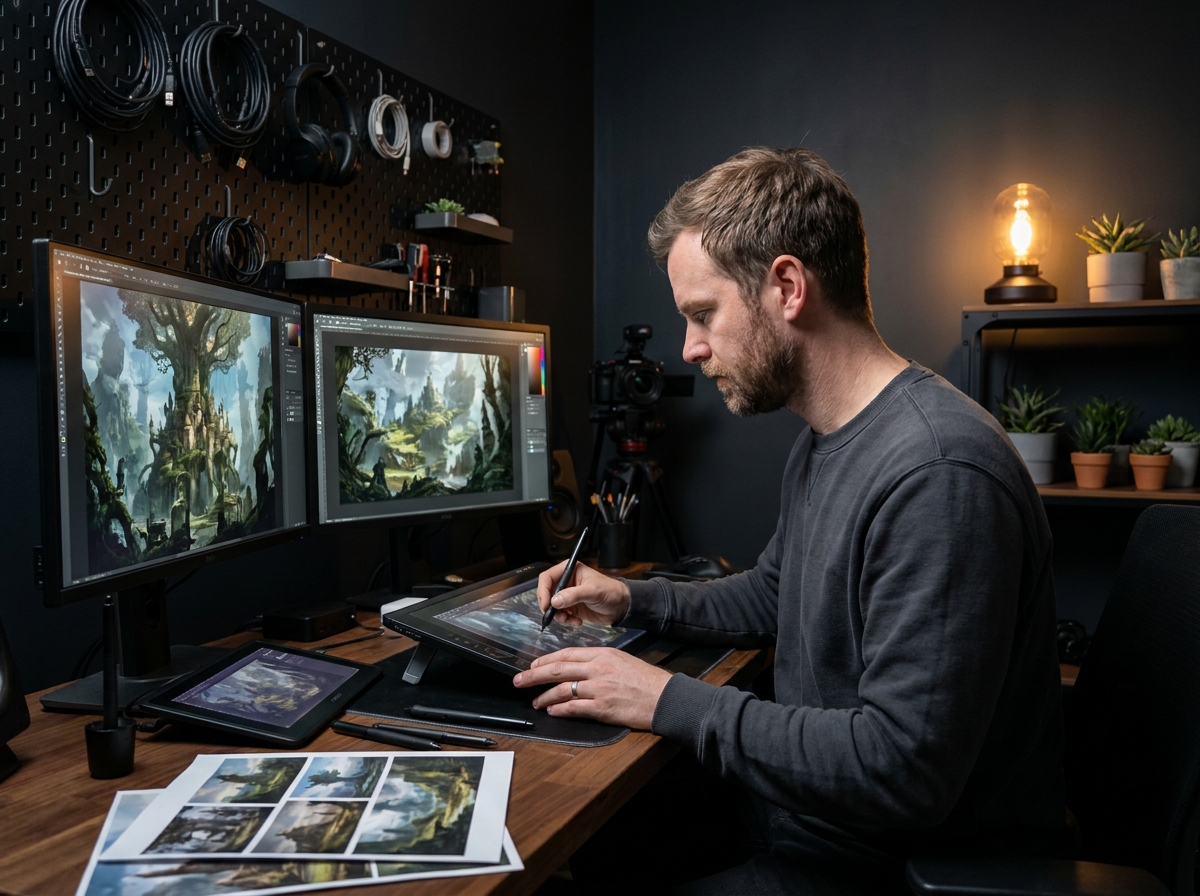 Artiste concept art travaillant sur un environnement fantastique avec tablette graphique et double écran dans un studio moderne