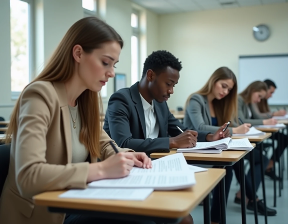 Groupe de candidats passant des tests psychotechniques dans une salle d'examen formelle