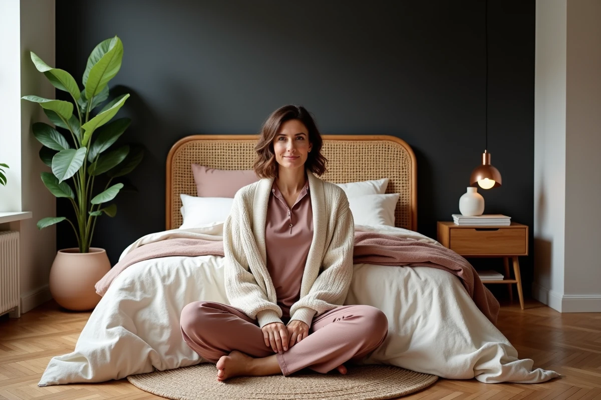 Chambre urbaine rénovée avec tête de lit en rotin, parquet en chevrons, literie en lin et décoration tendance aux tons naturels et doux