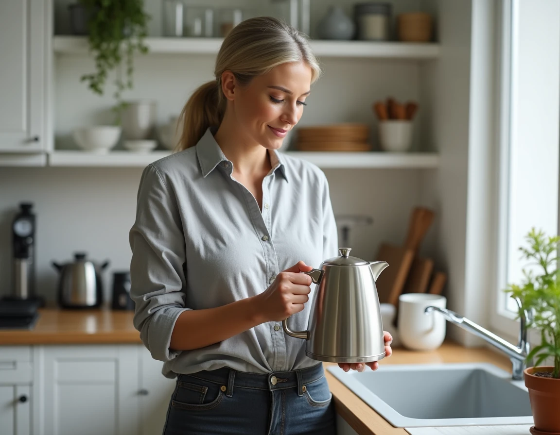 Femme choisissant un équipement de cuisine moderne dans une maison bien aménagée