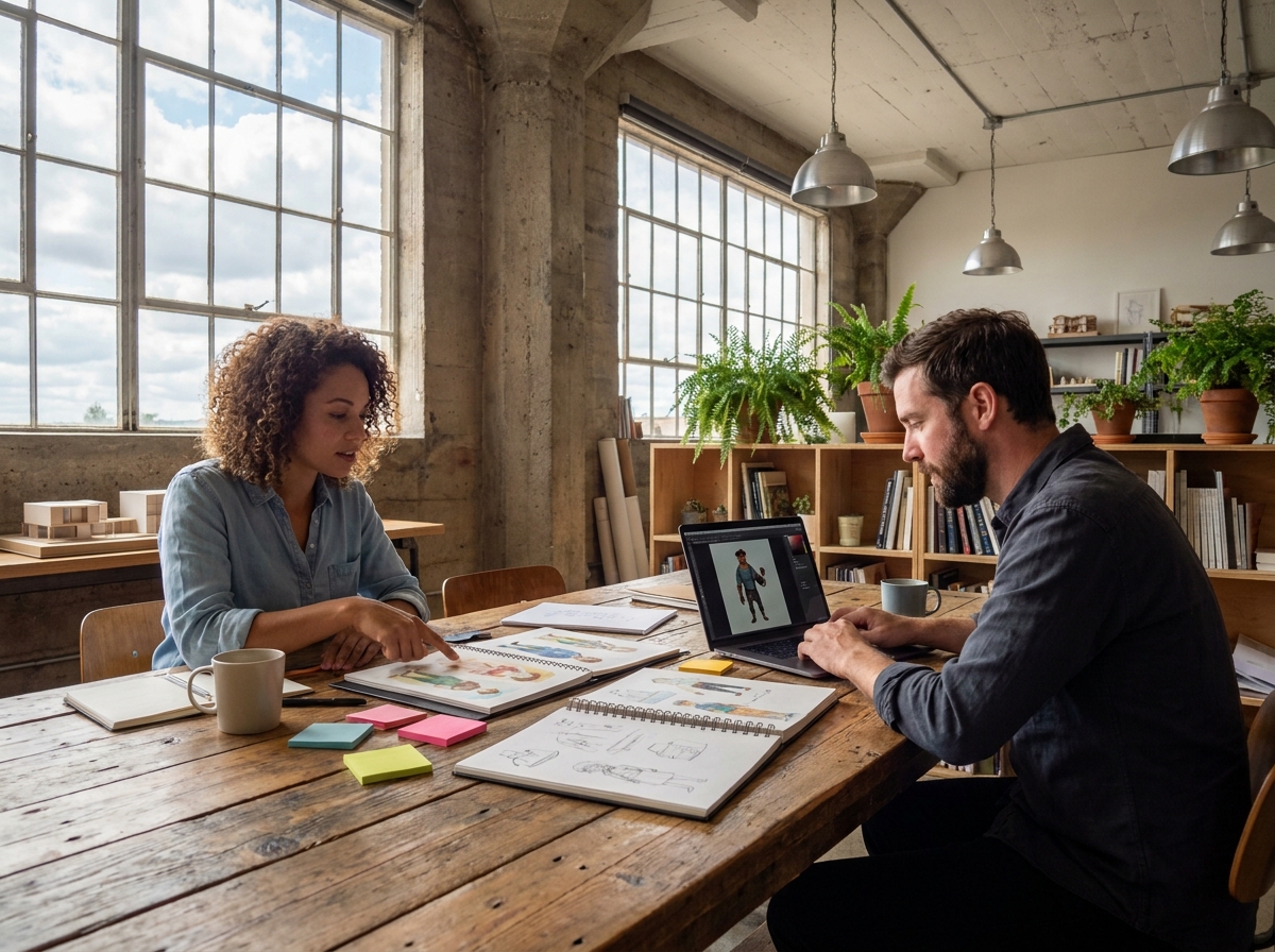 Deux professionnels créatifs comparant des portfolios d'illustration et de concept art dans un espace de coworking industriel