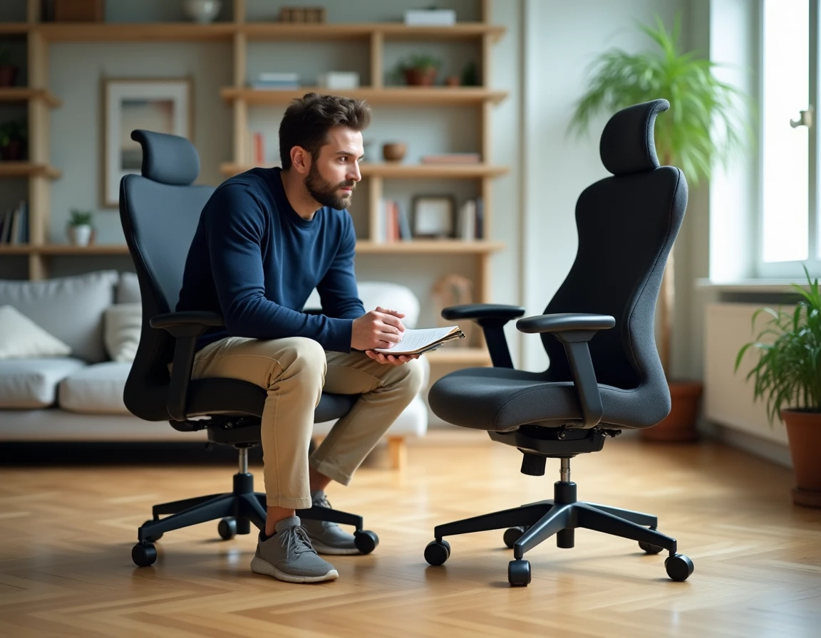 Homme comparant des chaises ergonomiques pour équiper confortablement son salon