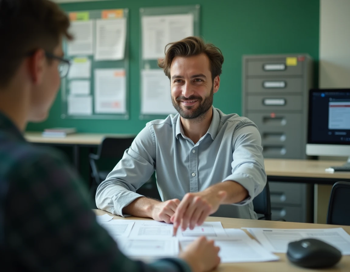 Conseiller universitaire aidant un étudiant à corriger un dossier de candidature refusé sur eCandidat