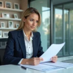 Conseillère immobilière professionnelle examinant des documents de vente dans une agence moderne