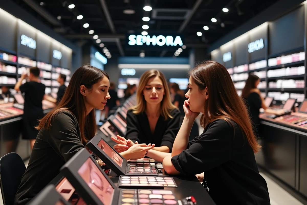 Groupe de femmes en consultation maquillage flash avec une conseillère beauté Sephora autour d'un comptoir en magasin