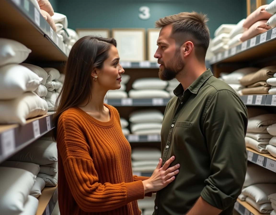 Couple choisissant une literie de qualité dans un magasin d'équipement pour la maison