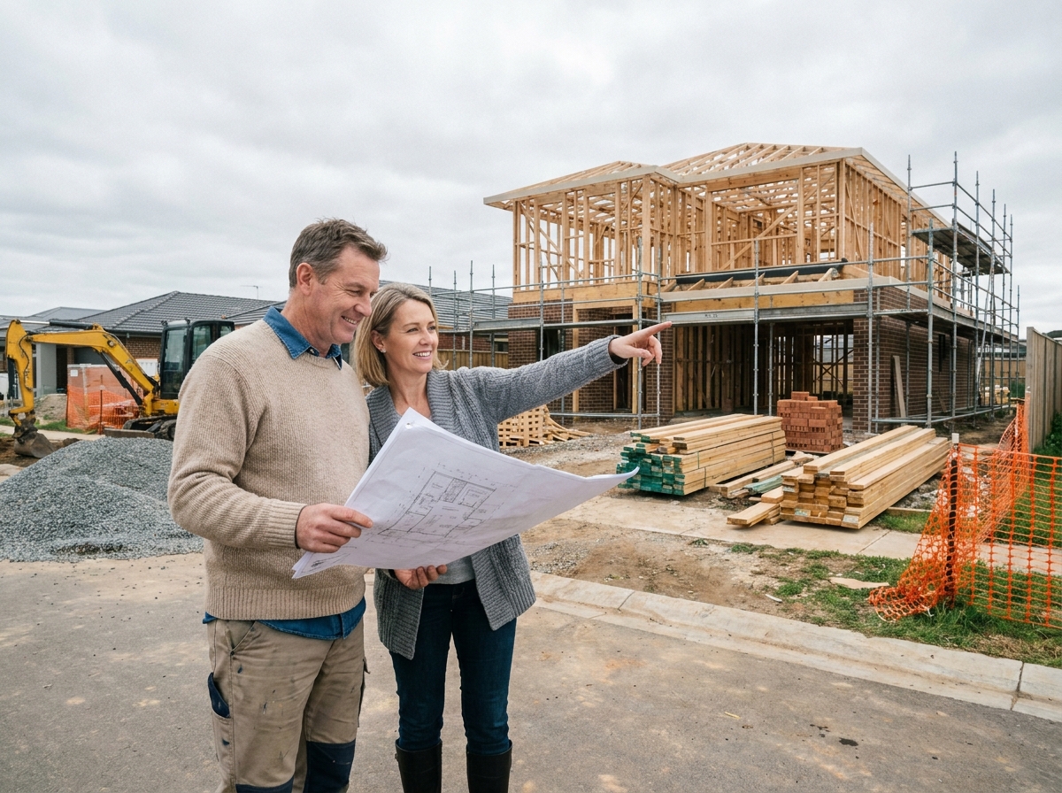 Couple regardant un plan de construction en extérieur