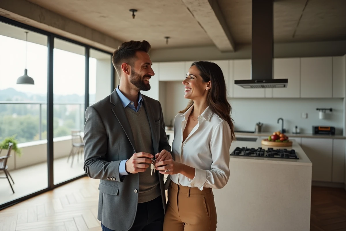 Couple de jeunes propriétaires tenant les clés de leur nouvel appartement moderne après la signature de leur projet immobilier