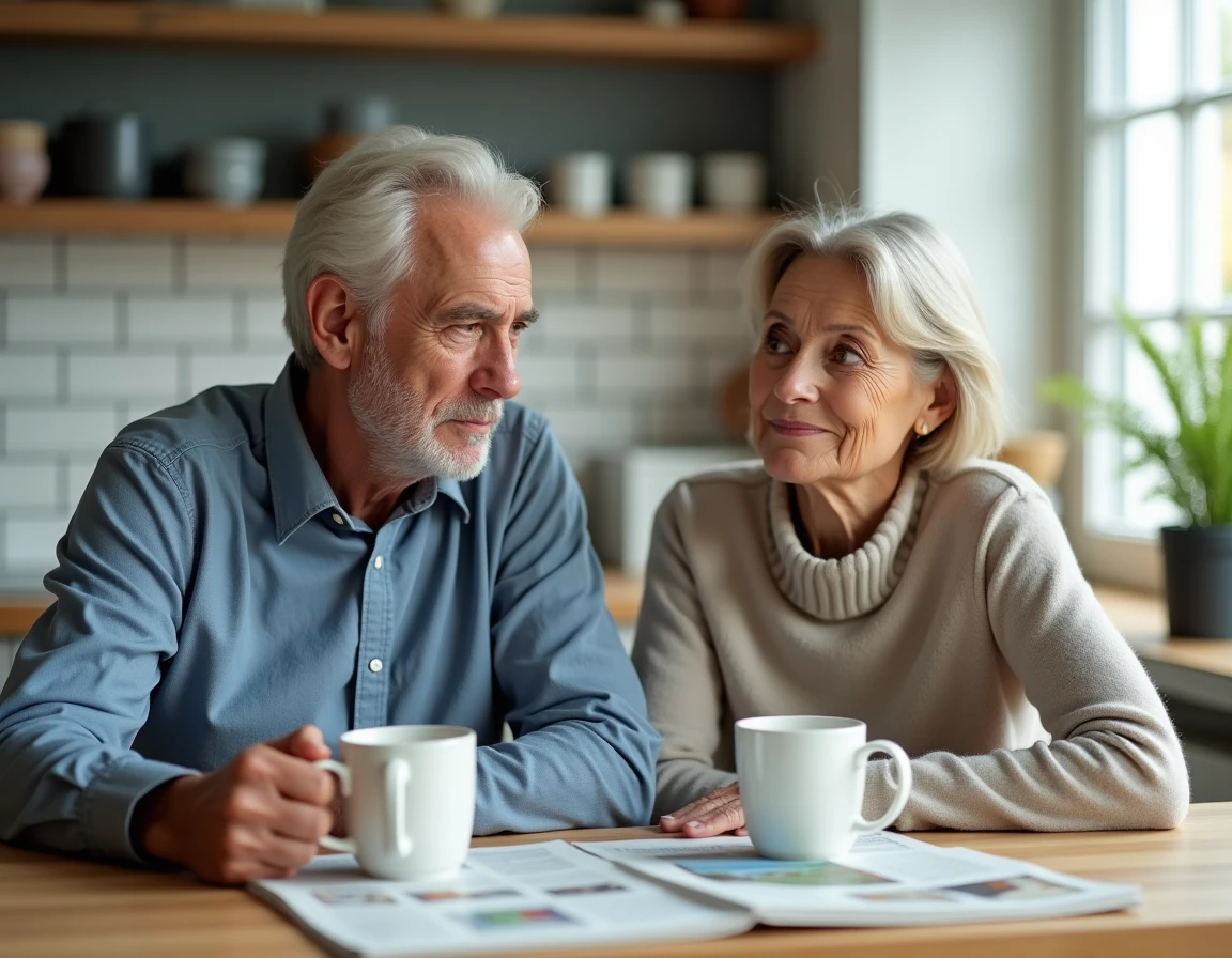 Couple de sexagénaires à la table de cuisine, l'homme distant et pensif, illustrant les tensions liées à la crise de la soixantaine