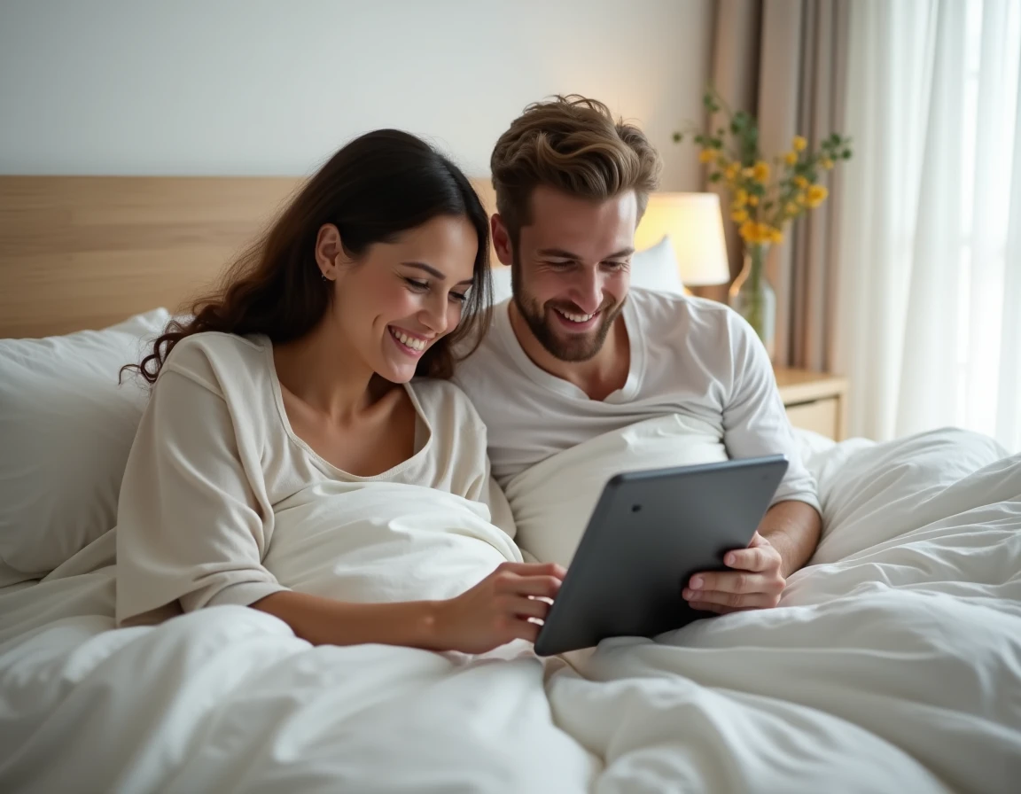 Couple regardant un film en streaming sur une tablette allongé dans leur chambre