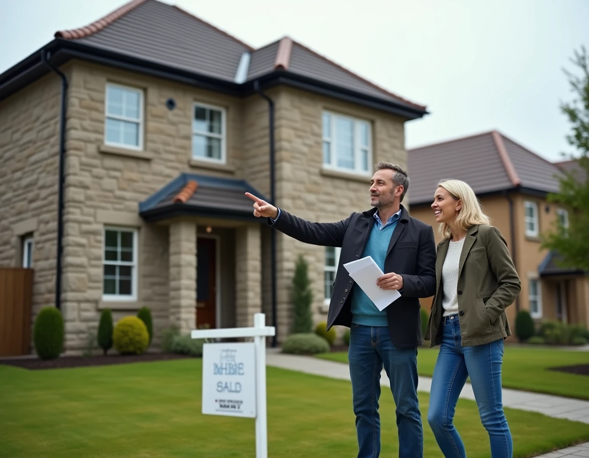Couple visitant une maison à vendre en banlieue résidentielle avec panneau immobilier