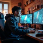 Jeune créateur de contenu assis devant son setup de streaming, ambiance studio maison avec matériel informatique et jeux vidéo en arrière-plan