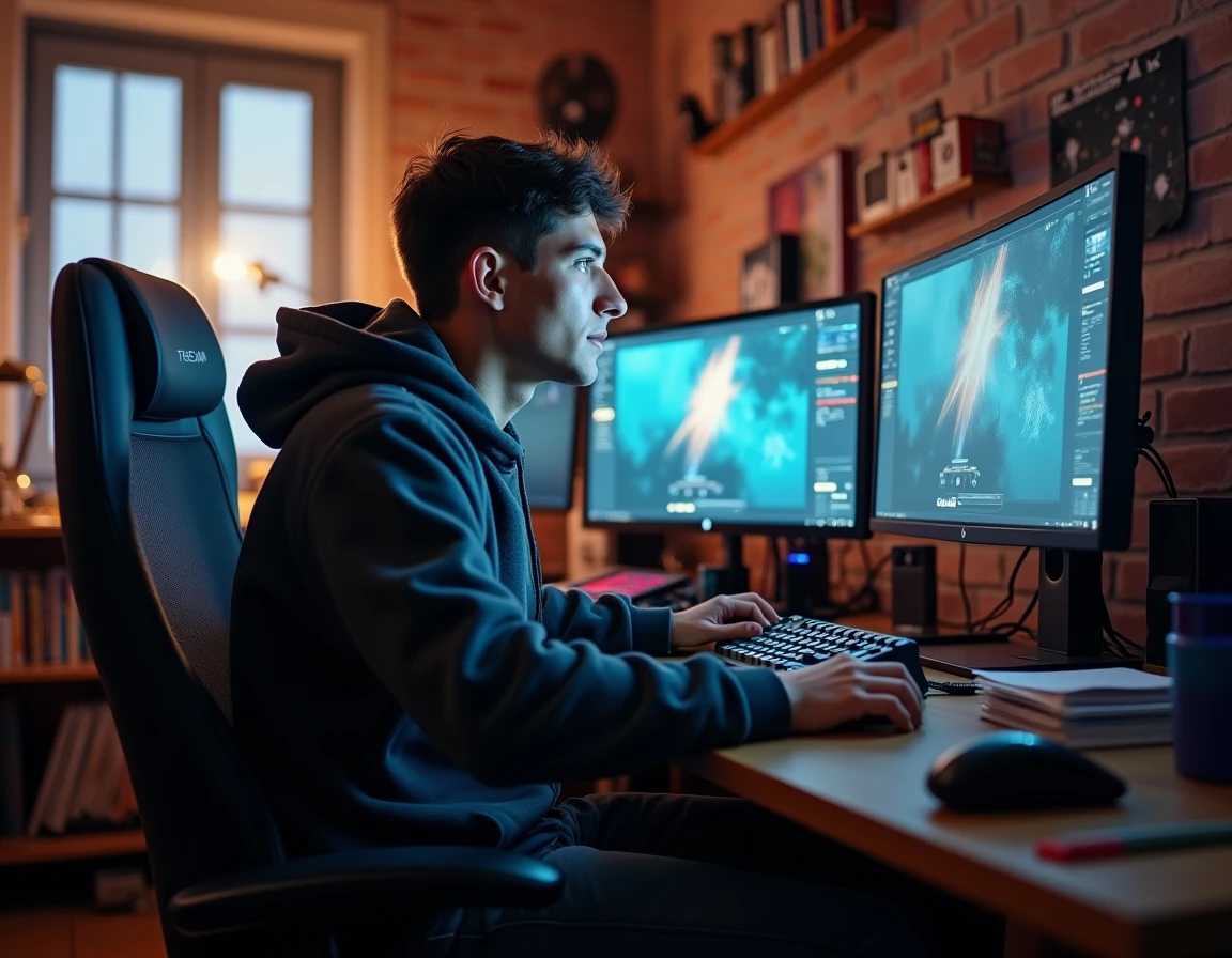 Jeune créateur de contenu assis devant son setup de streaming, ambiance studio maison avec matériel informatique et jeux vidéo en arrière-plan