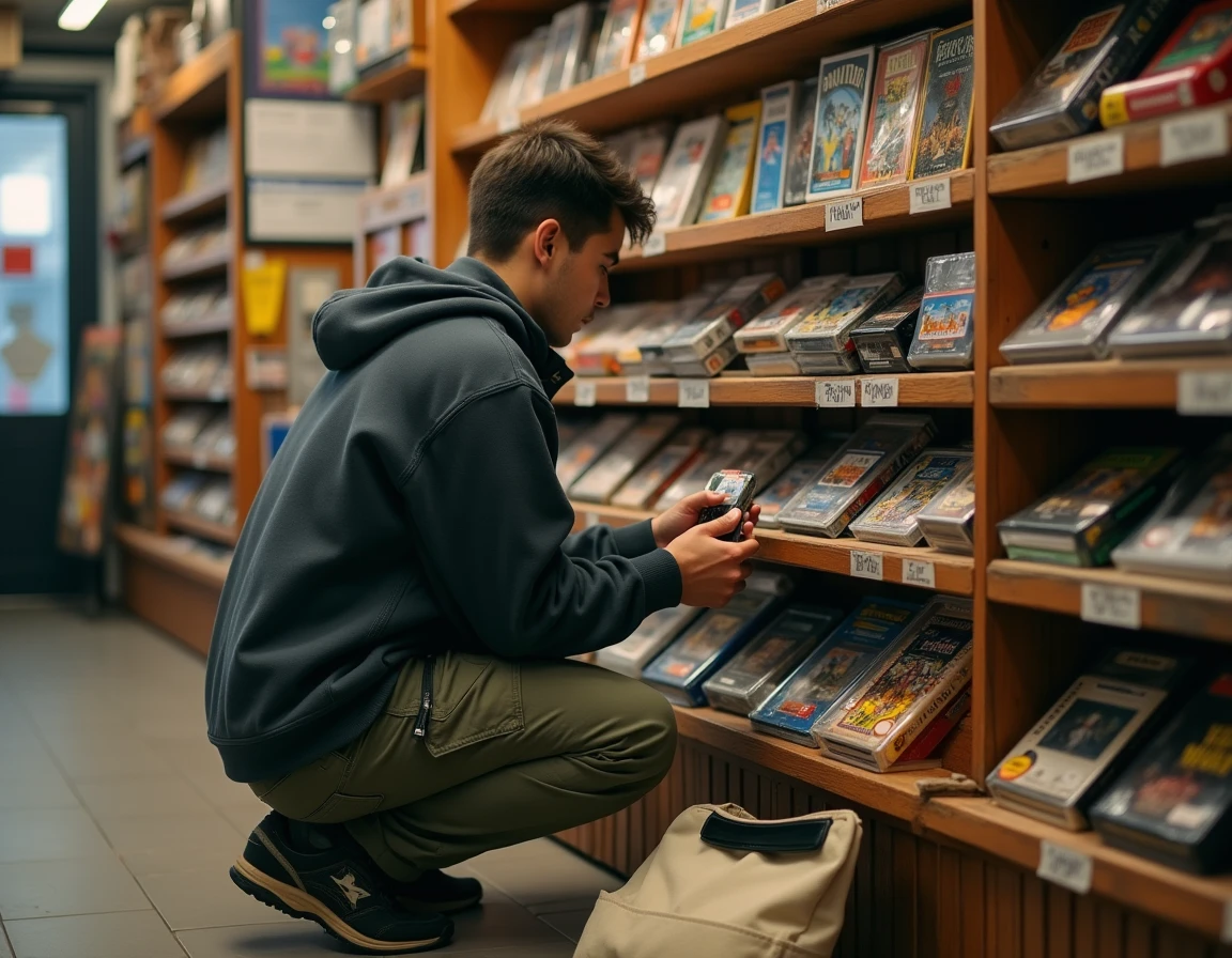Passionné de jeux vidéo retro examinant une cartouche dans un magasin de jeux indépendant, ambiance collection gaming
