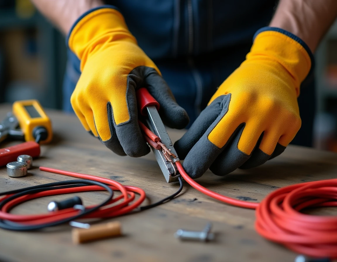 Gros plan sur des mains gantées dénudant un câble R2V avec un outil de dénudage professionnel sur un établi d'atelier