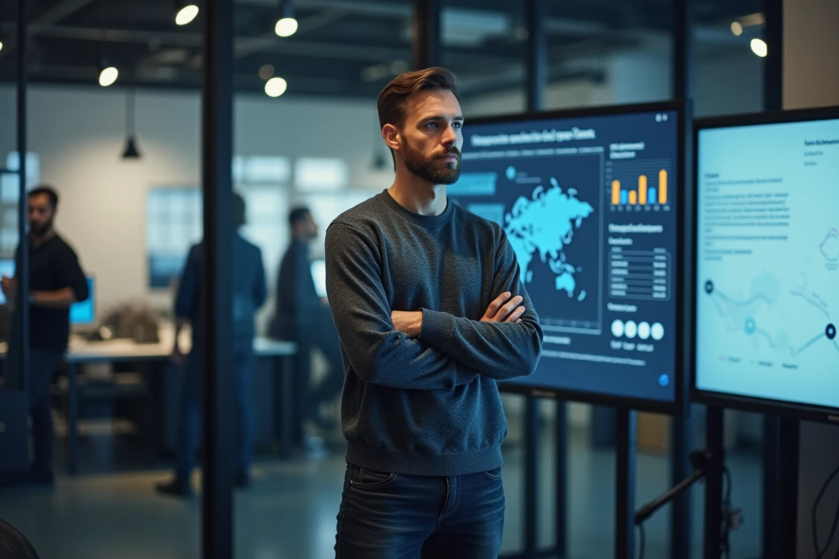 Développeur français analysant les performances d'une plateforme d'IA nationale sur un écran de bureau dans un bureau de startup parisienne