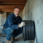 Électricien professionnel installant un câble R2V le long d'un mur en béton dans un sous-sol en construction