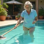 Femme entretenant une piscine sans filtration en retirant les feuilles avec une épuisette