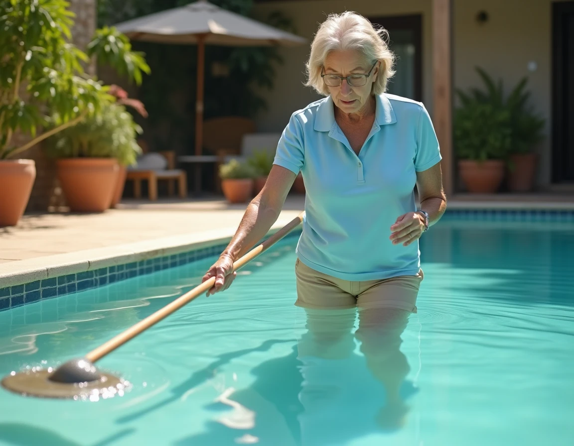 Femme entretenant une piscine sans filtration en retirant les feuilles avec une épuisette