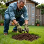 Homme d'âge moyen épandant du fumier composté sur une pelouse verte avec un râteau dans un jardin suburban