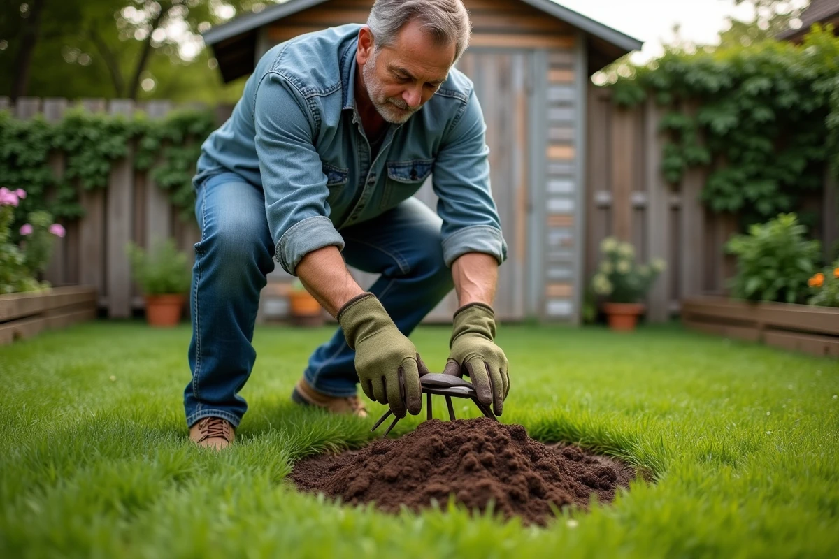 Homme d'âge moyen épandant du fumier composté sur une pelouse verte avec un râteau dans un jardin suburban