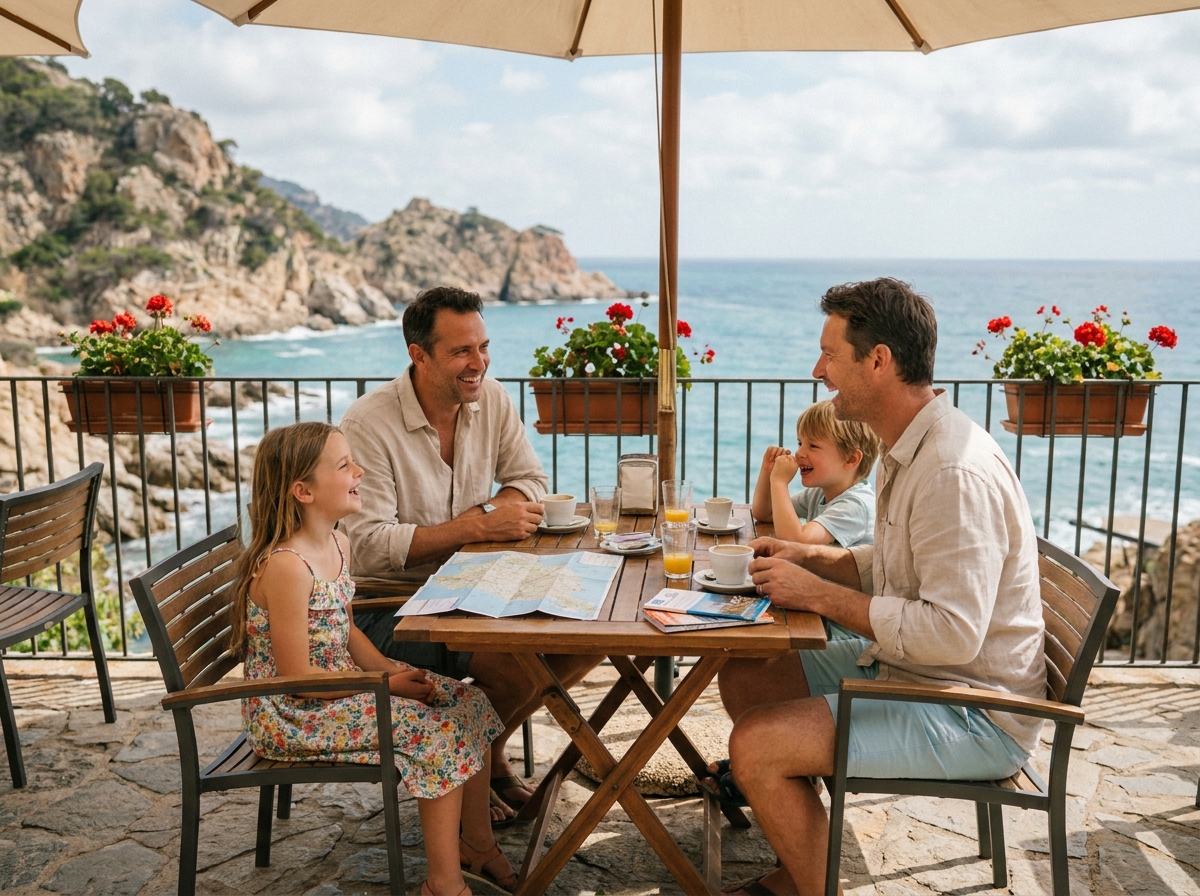 Famille au café face à la côte rocheuse en été
