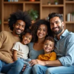 Famille multiraciale souriante dans un salon chaleureux