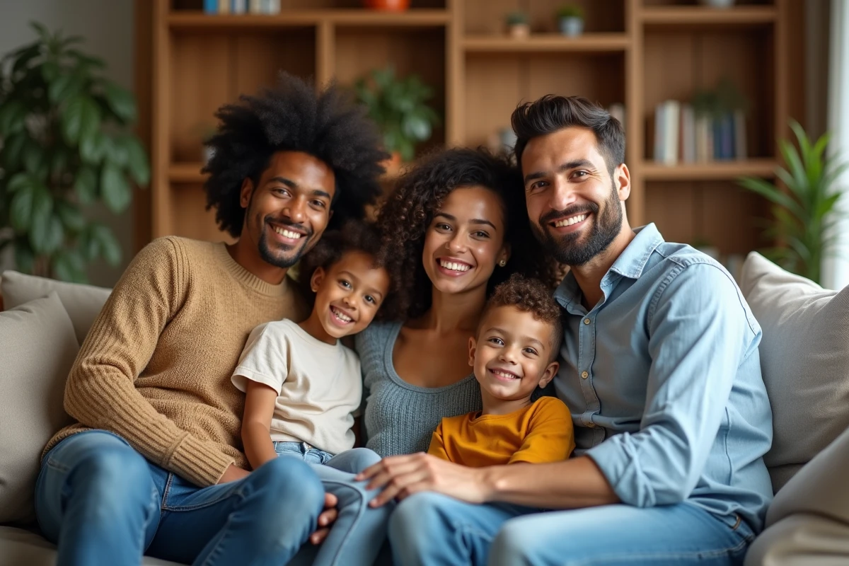 Famille multiraciale souriante dans un salon chaleureux