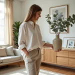 Jeune femme arrangeant un vase avec eucalyptus dans un salon lumineux