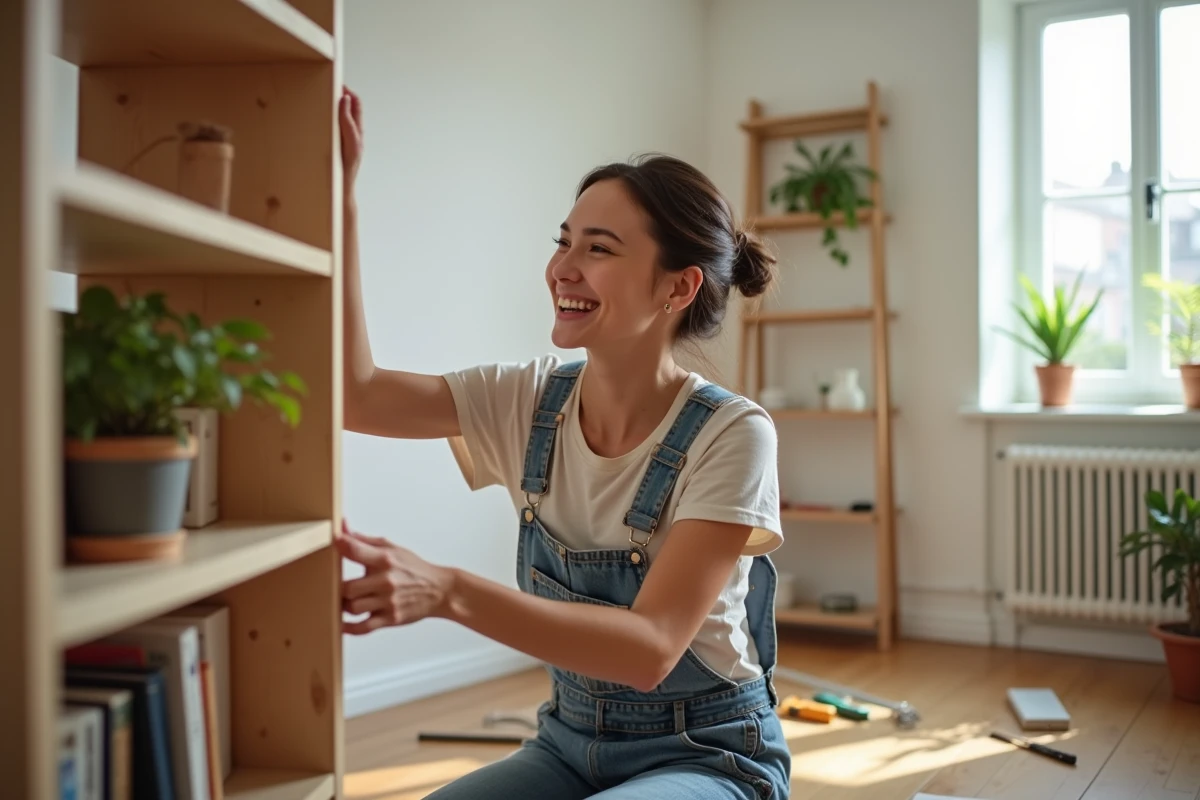 Jeune femme assemblant une étagère dans un salon lumineux