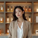 Jeune femme en blazer beige devant étagère de parfums