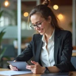 Femme en blazer regardant un tableau de bord en coworking