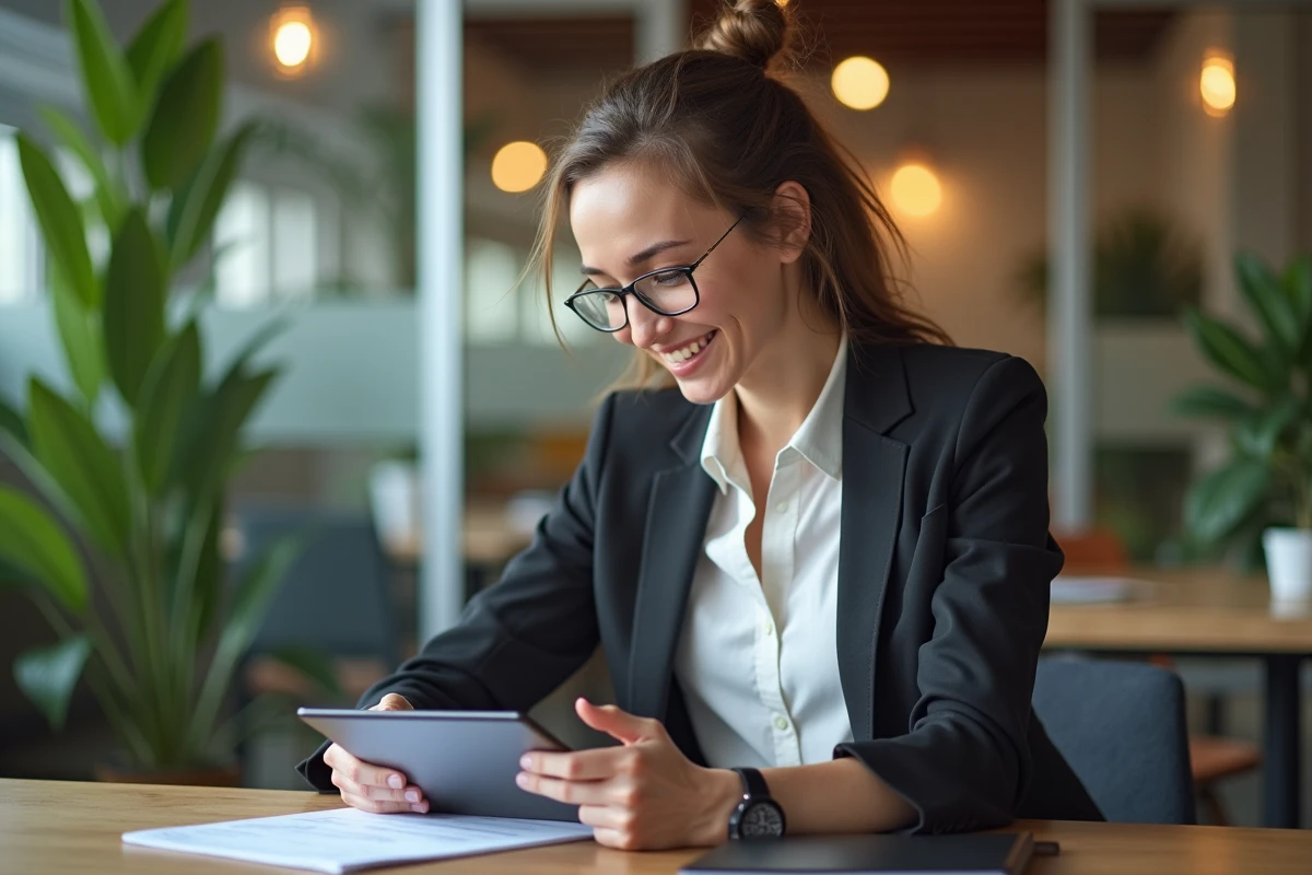 Femme en blazer regardant un tableau de bord en coworking