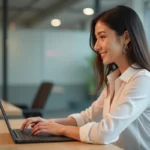 Femme au bureau utilisant un ordinateur portable dans un environnement professionnel