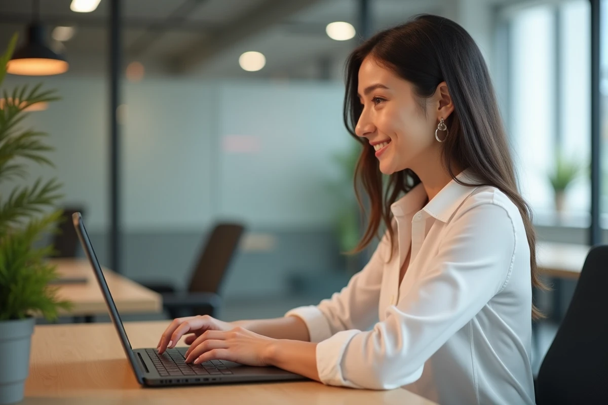 Femme au bureau utilisant un ordinateur portable dans un environnement professionnel