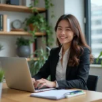 Jeune femme en bureau moderne souriante et concentrée