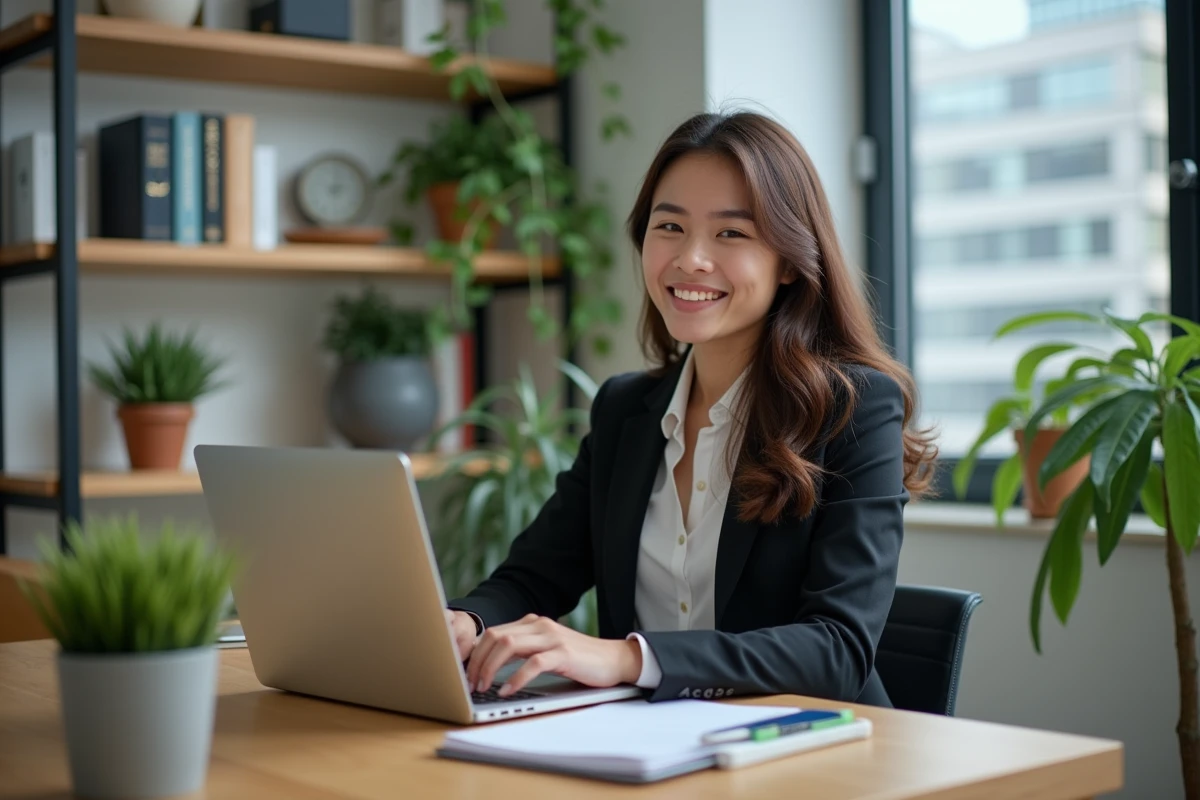 Jeune femme en bureau moderne souriante et concentrée