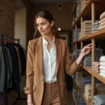Femme élégante en blazer camel explorant une boutique de mode tendance aux murs en brique