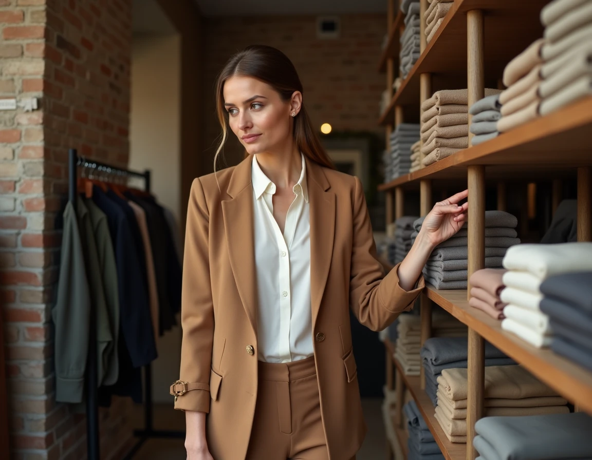 Femme élégante en blazer camel explorant une boutique de mode tendance aux murs en brique