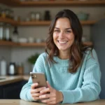 Femme souriante en sweater bleu enregistrant un message anniversaire