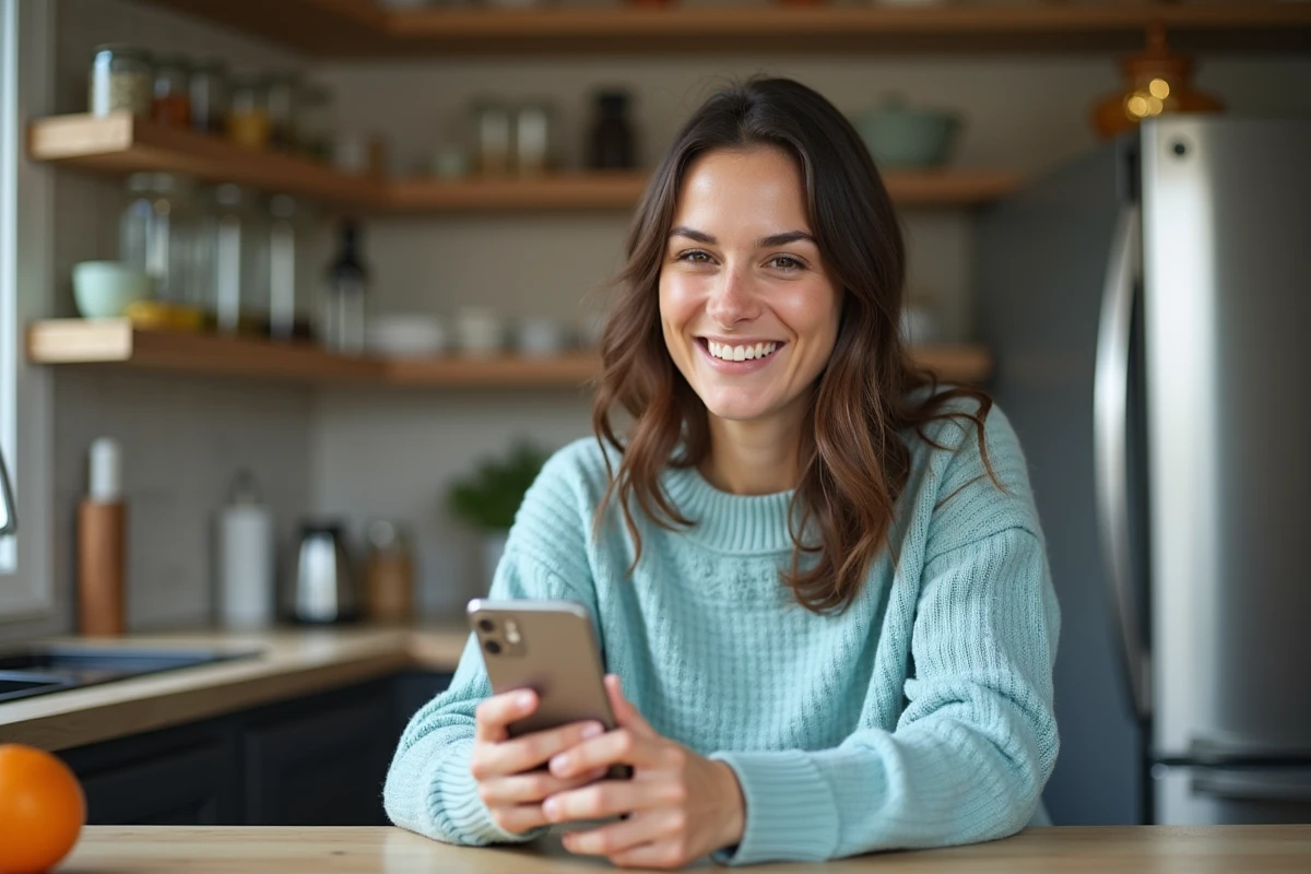 Femme souriante en sweater bleu enregistrant un message anniversaire