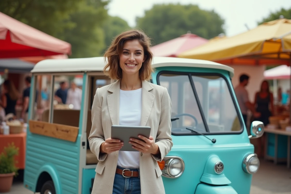 Femme entrepreneur debout à côté de son tuk tuk électrique bleu pastel dans un marché français en plein air tenant une tablette avec une interface tarifaire