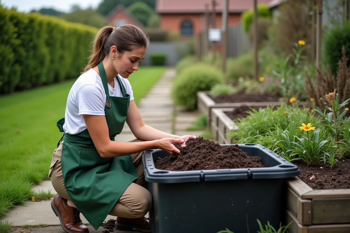 Femme agenouillée près d'un bac à compost rempli de fumier dans un jardin avec pelouse verte en arrière-plan
