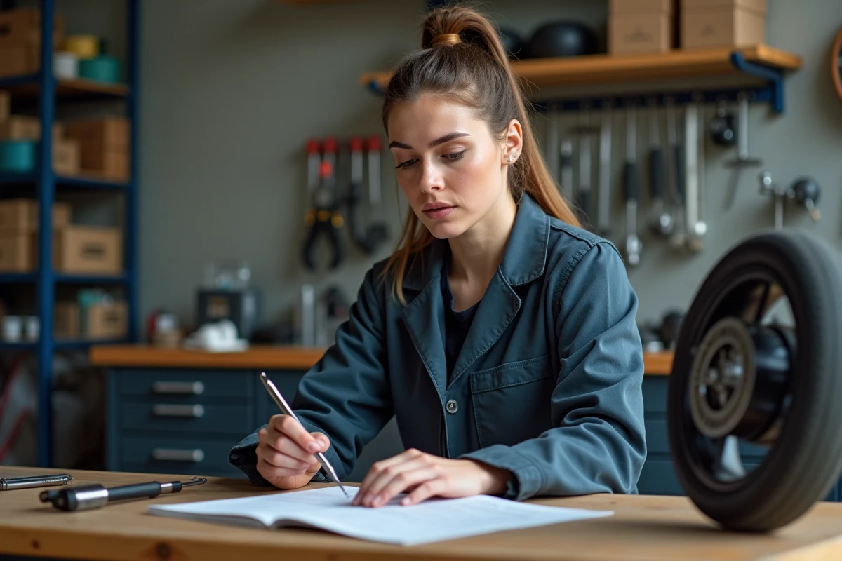 Femme mécanicien examinant un moteur électrique en atelier