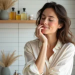 Femme aux peaux sensibles sentant un parfum appliqué sur son poignet dans une salle de bain épurée avec des flacons de parfum minimalistes