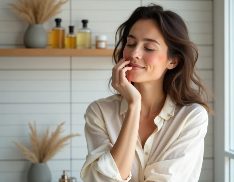 Femme aux peaux sensibles sentant un parfum appliqué sur son poignet dans une salle de bain épurée avec des flacons de parfum minimalistes