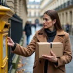 Femme d'affaires regardant une boîte aux lettres à Paris