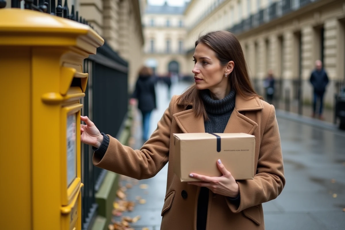 Femme d'affaires regardant une boîte aux lettres à Paris