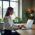 Femme professionnelle utilisant une plateforme d'intelligence artificielle française sur un ordinateur portable dans un espace de coworking parisien moderne